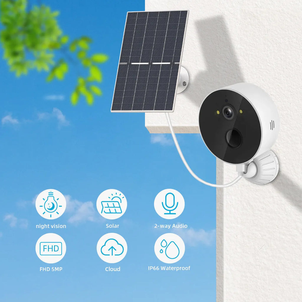 Solar-powered outdoor security camera with attached solar panel for continuous charging