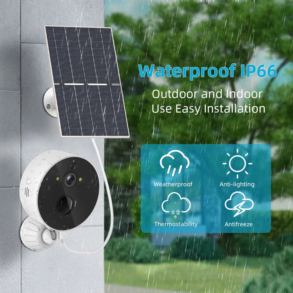 Solar-powered outdoor security camera with attached solar panel for continuous charging