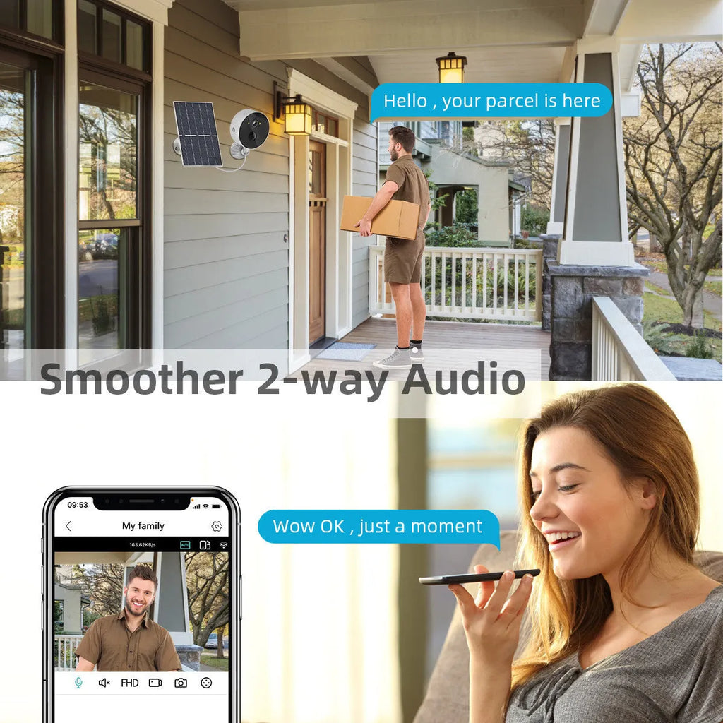 Solar-powered outdoor security camera with attached solar panel for continuous charging
