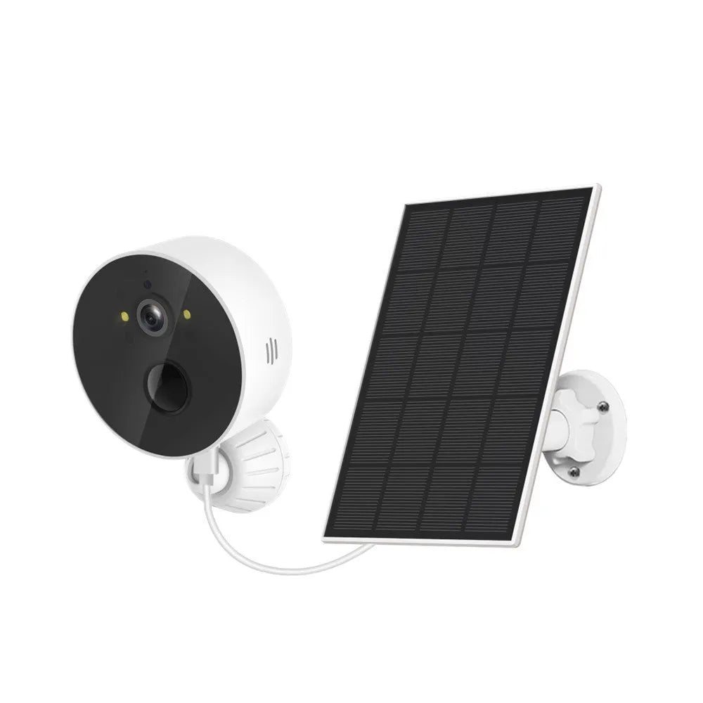 Solar-powered outdoor security camera with attached solar panel for continuous charging