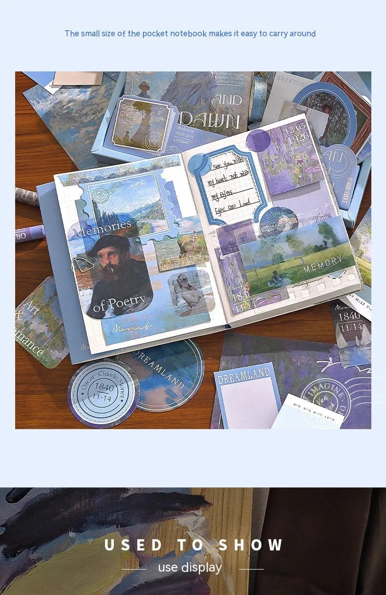 A6 grid creative journal gift box with notebook, bookclothes, decorative papers, cards, and photo frames.