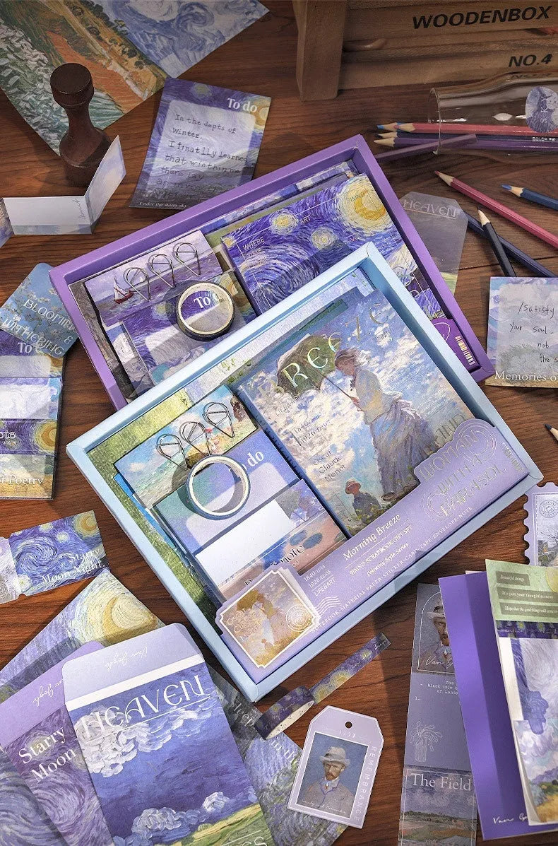 A6 grid creative journal gift box with notebook, bookclothes, decorative papers, cards, and photo frames.