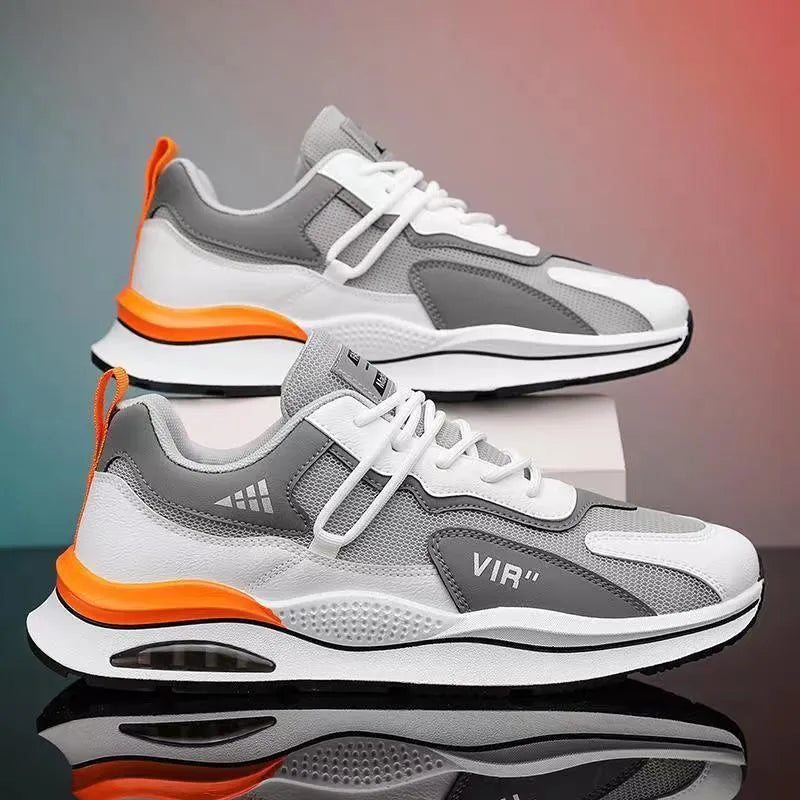 Men's grey mesh running shoes with round toe and EVA sole for summer jogging