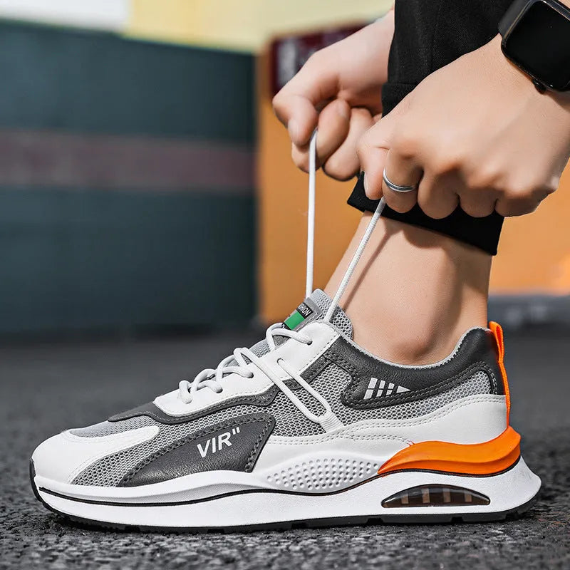 Men's grey mesh running shoes with round toe and EVA sole for summer jogging
