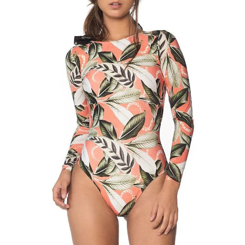 Women's floral leaf print backless one-piece swimsuit on a white background.