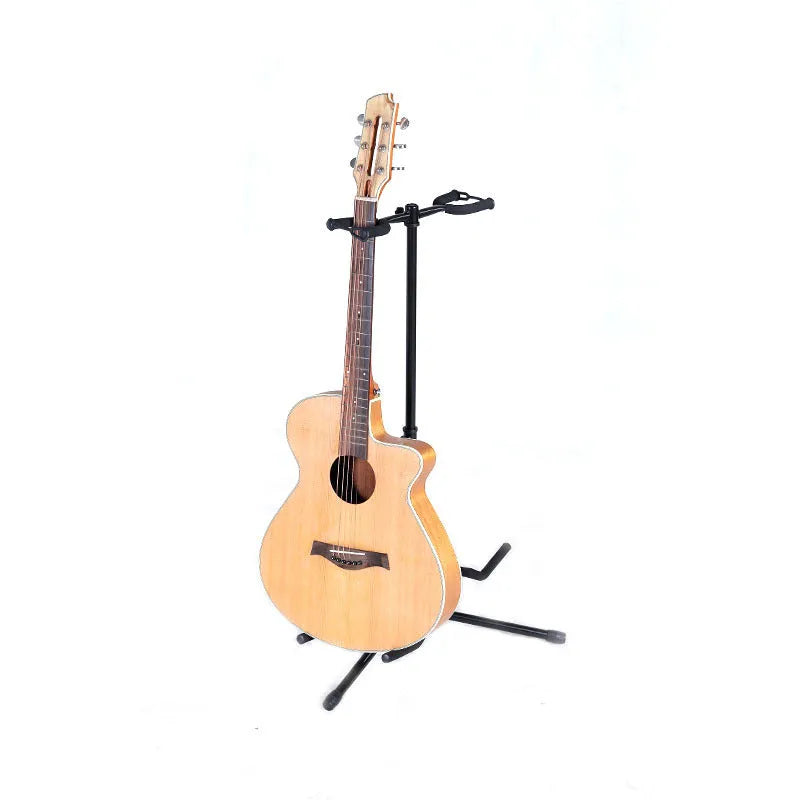 Black vertical guitar stand with double heads and adjustable support arms for acoustic and electric instruments