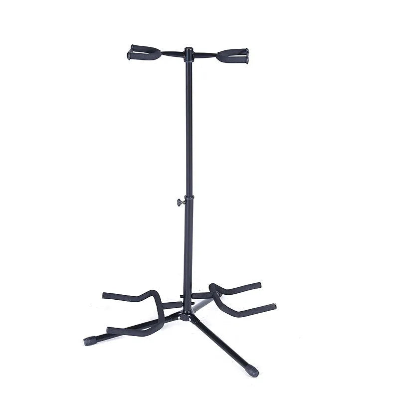 Black vertical guitar stand with double heads and adjustable support arms for acoustic and electric instruments