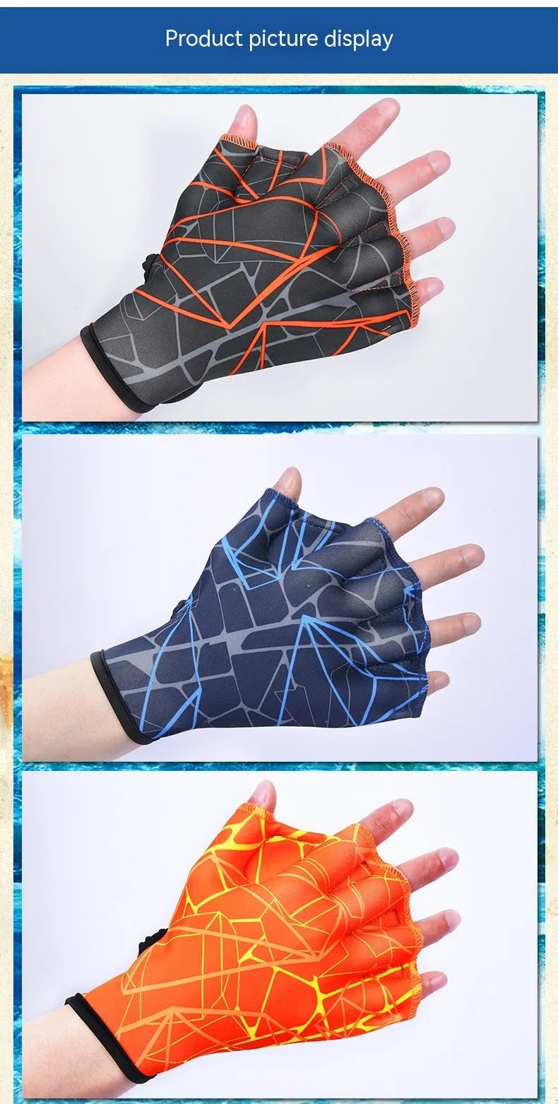 Duck feet webbed swimming gloves in nylon with colour print designs
