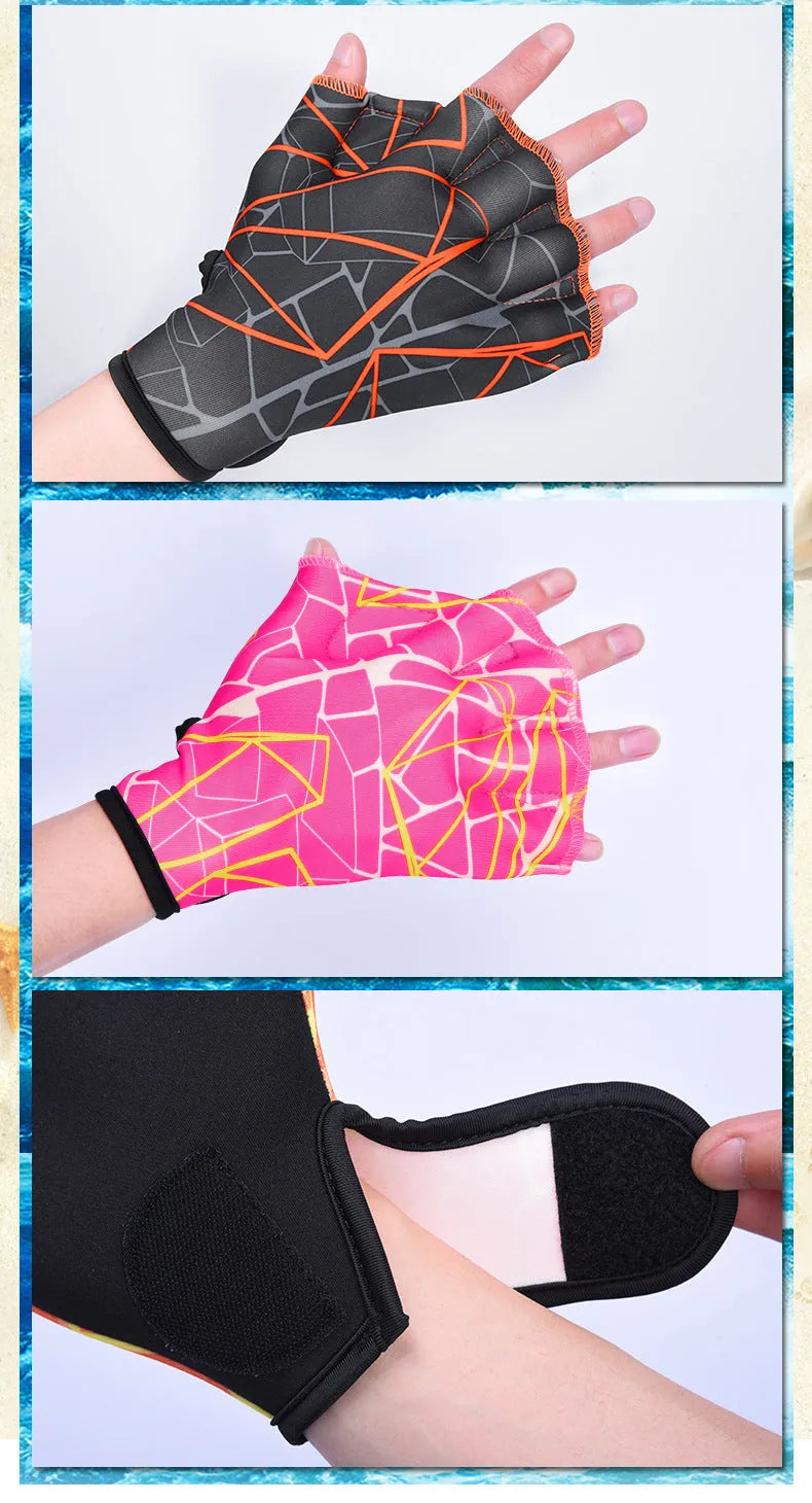 Duck feet webbed swimming gloves in nylon with colour print designs