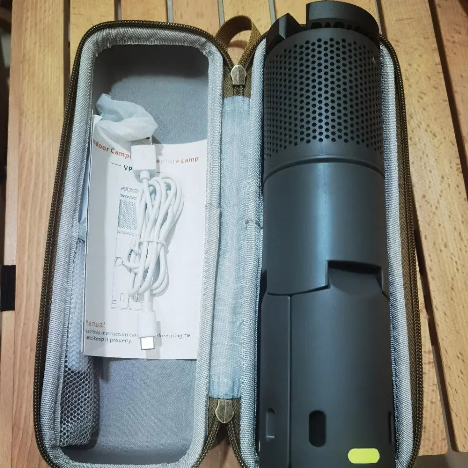 Portable battery LED camping light in off white or dark grey colour with button switch