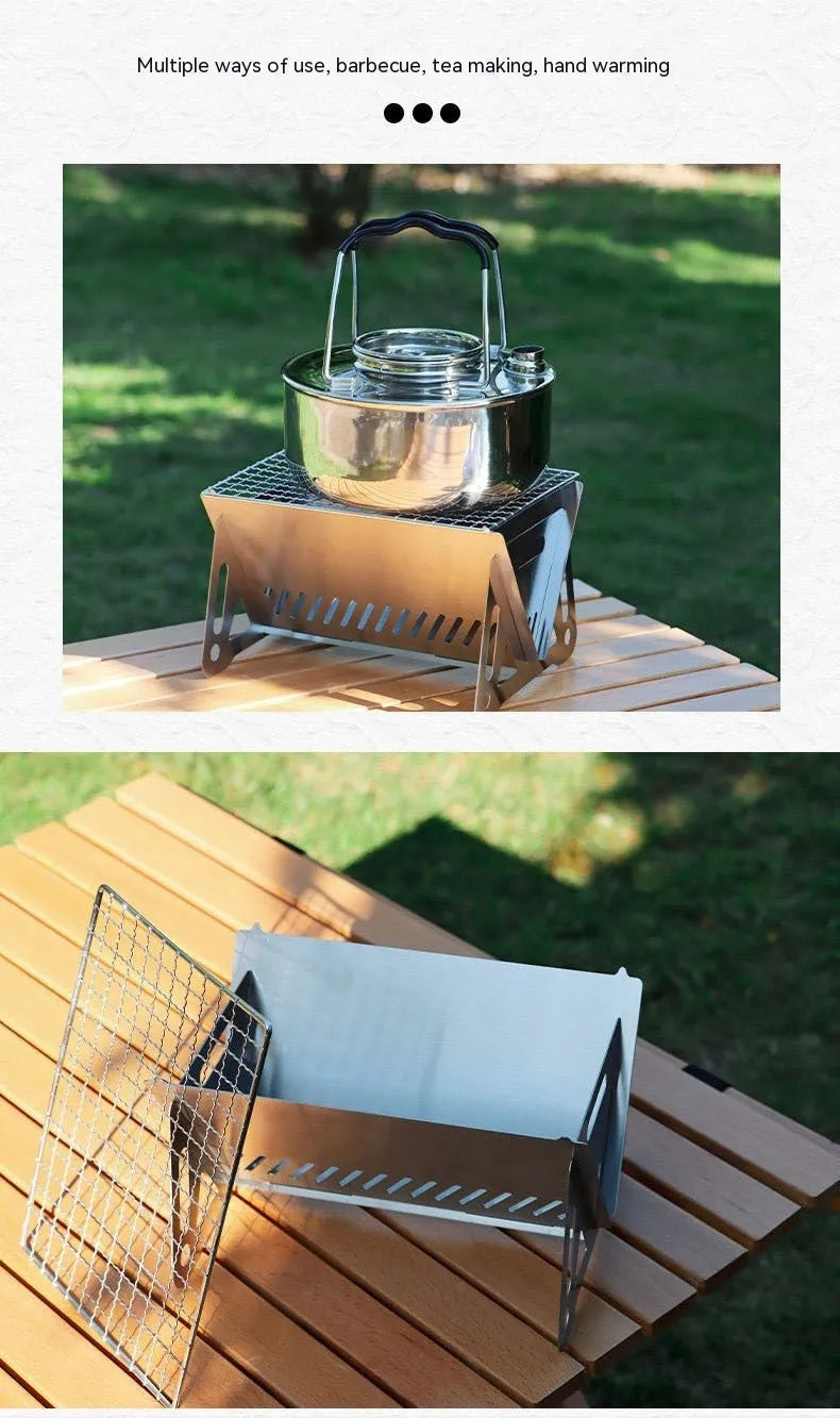 Stainless steel folding barbecue oven with grill rack and storage bag for outdoor cooking