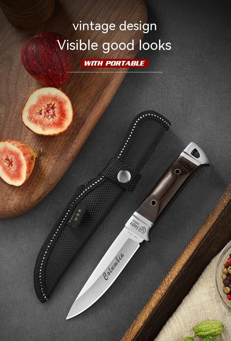 Camping multifunctional portable fruit knife with leather sheath case showing stainless steel blade and national style design
