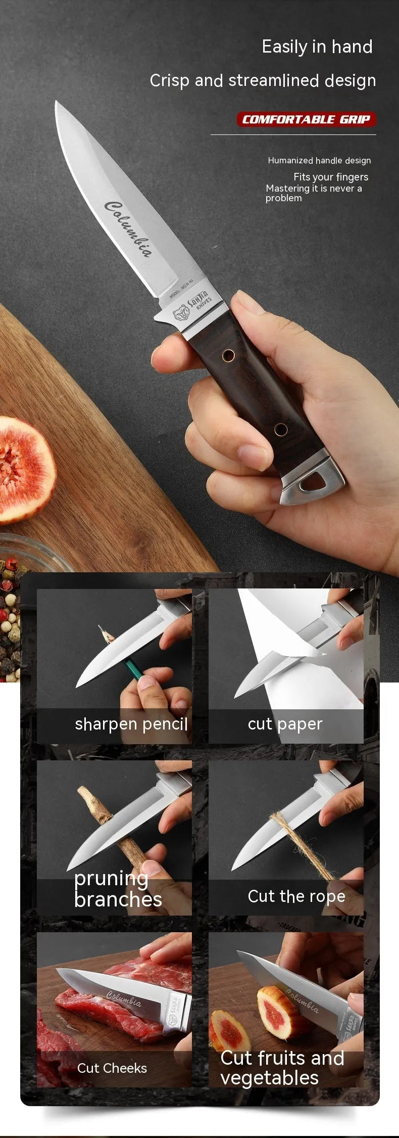 Camping multifunctional portable fruit knife with leather sheath case showing stainless steel blade and national style design