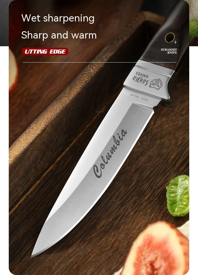 Camping multifunctional portable fruit knife with leather sheath case showing stainless steel blade and national style design