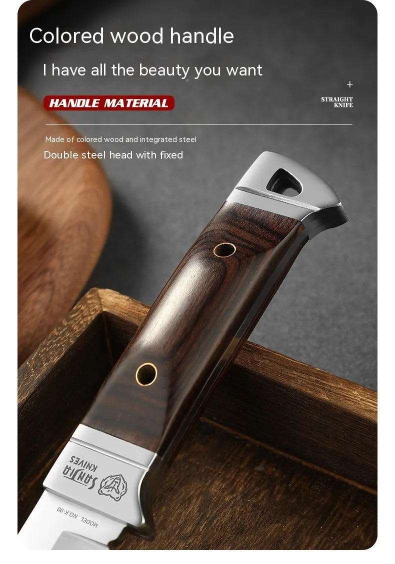 Camping multifunctional portable fruit knife with leather sheath case showing stainless steel blade and national style design