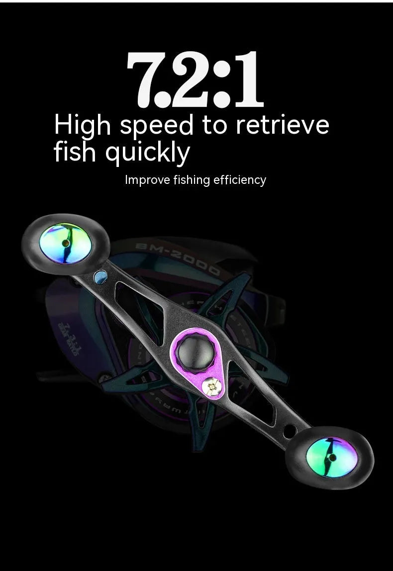 Colourful BM2000 fishing reel with water drop design and magnetic brake, shown in left and right-hand models