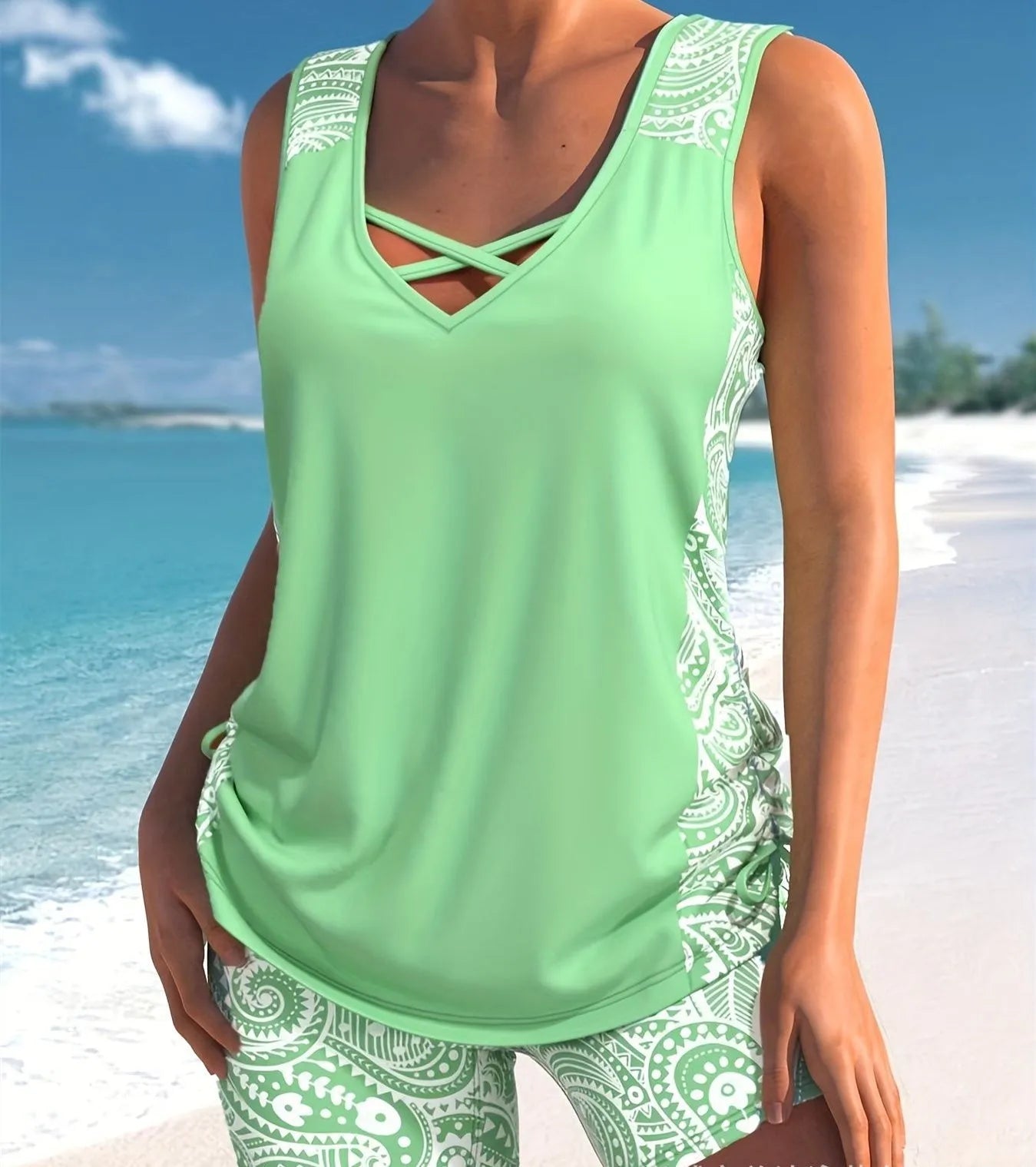 Women's printed split boxer swimsuit set showing top and shorts in a choice of colours.