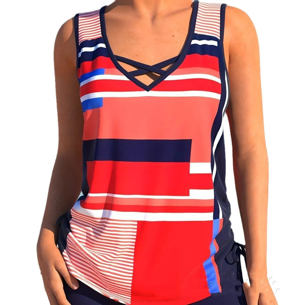 Women's printed split boxer swimsuit set showing top and shorts in a choice of colours.