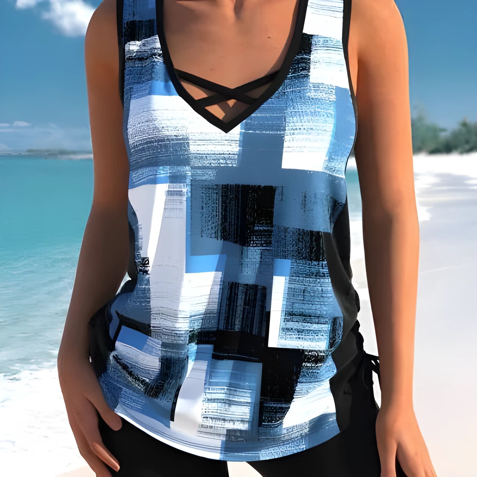 Women's printed split boxer swimsuit set showing top and shorts in a choice of colours.