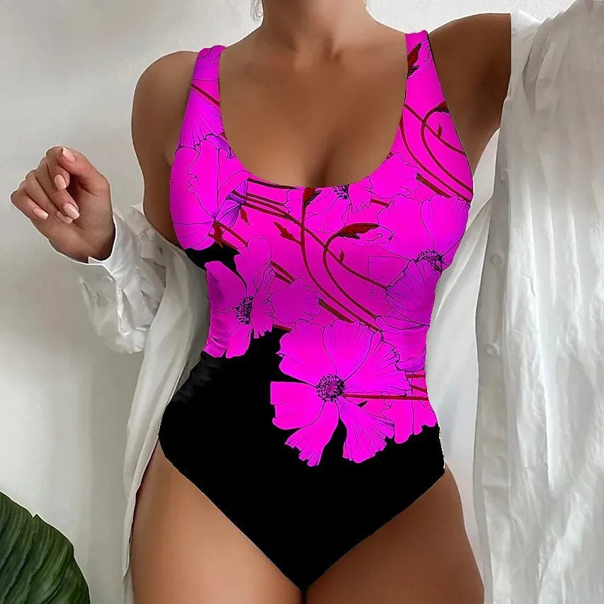 Women's 3D printed tight one-piece swimsuit in polyester-spandex blend with Lycra lining