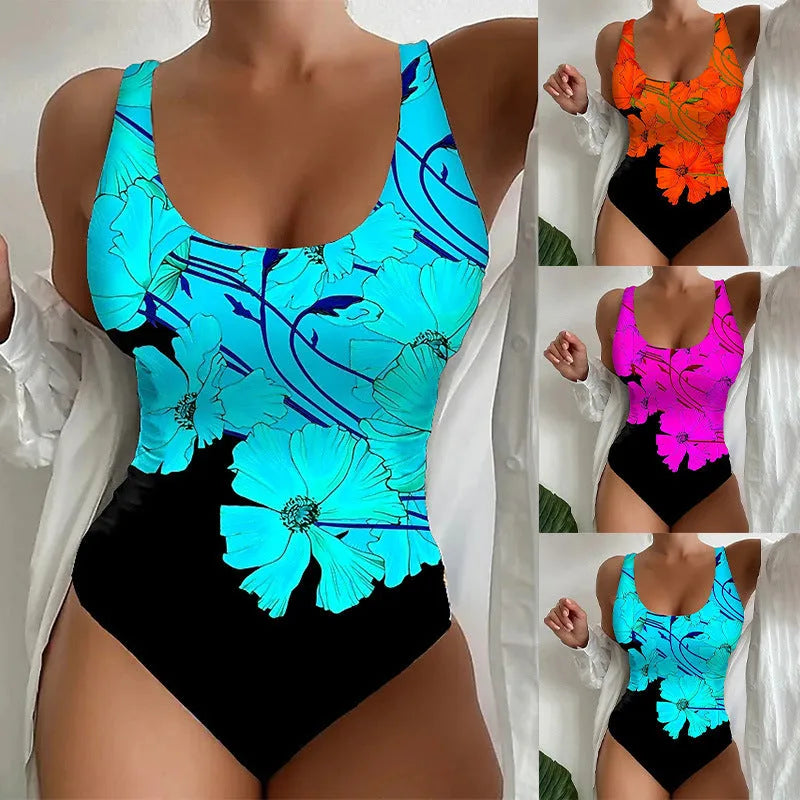 Women's 3D printed tight one-piece swimsuit in polyester-spandex blend with Lycra lining