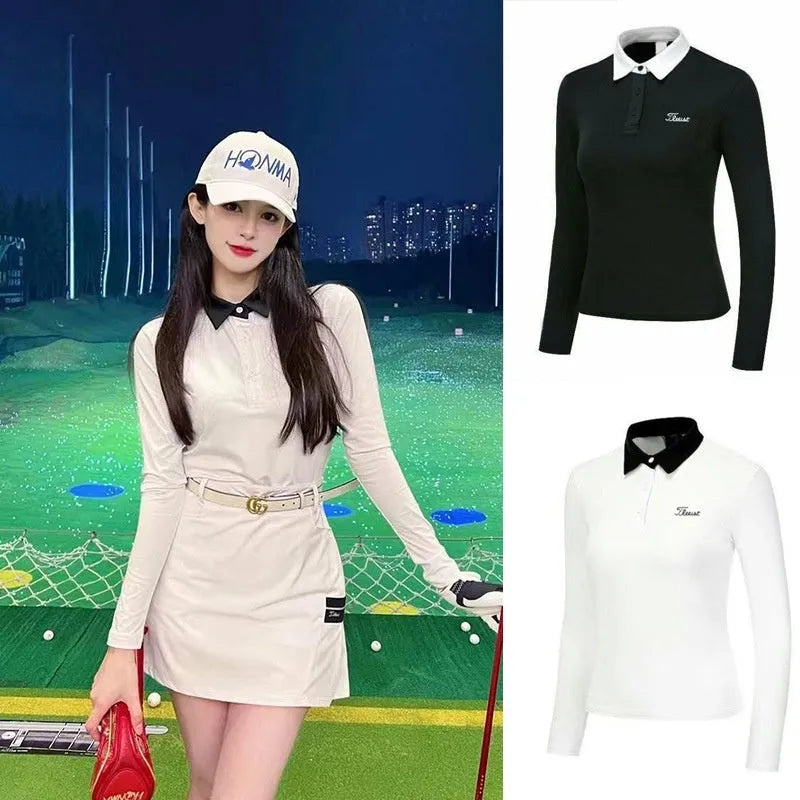 Women's white long sleeve golf top with slim fit for outdoor sports activities