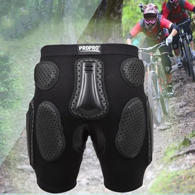 Black cycling hip protection pants with padded construction for sports safety