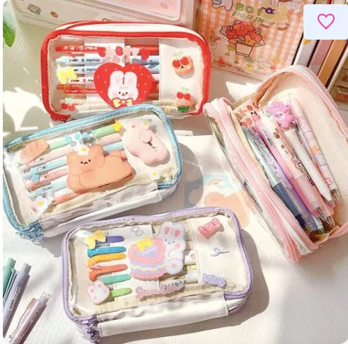 Japanese transparent heart-shaped pen bag in TPU material with rabbit design