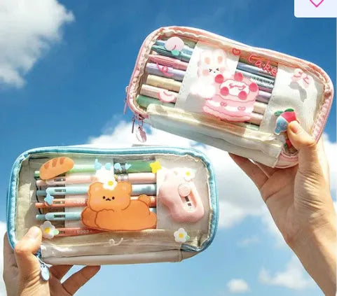 Japanese transparent heart-shaped pen bag in TPU material with rabbit design
