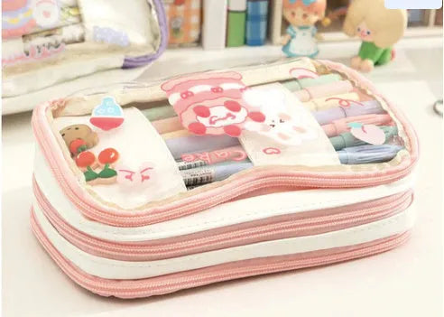 Japanese transparent heart-shaped pen bag in TPU material with rabbit design