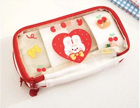 Japanese transparent heart-shaped pen bag in TPU material with rabbit design