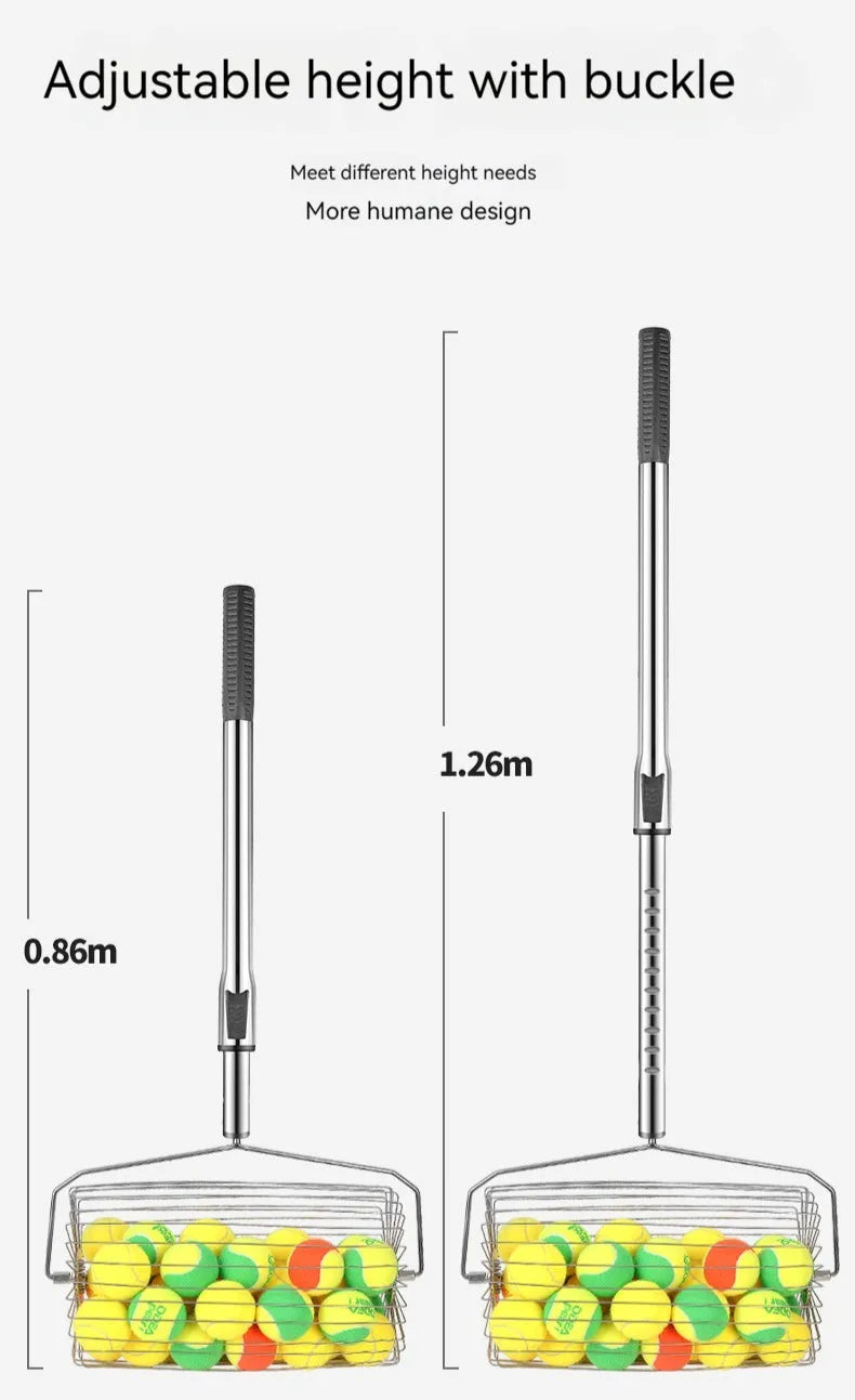 Stainless steel tennis ball picker with adjustable rod holding multiple yellow tennis balls on a court