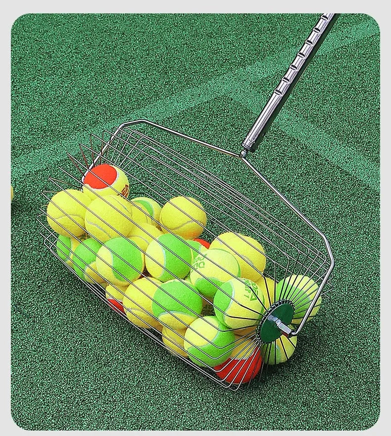 Stainless steel tennis ball picker with adjustable rod holding multiple yellow tennis balls on a court