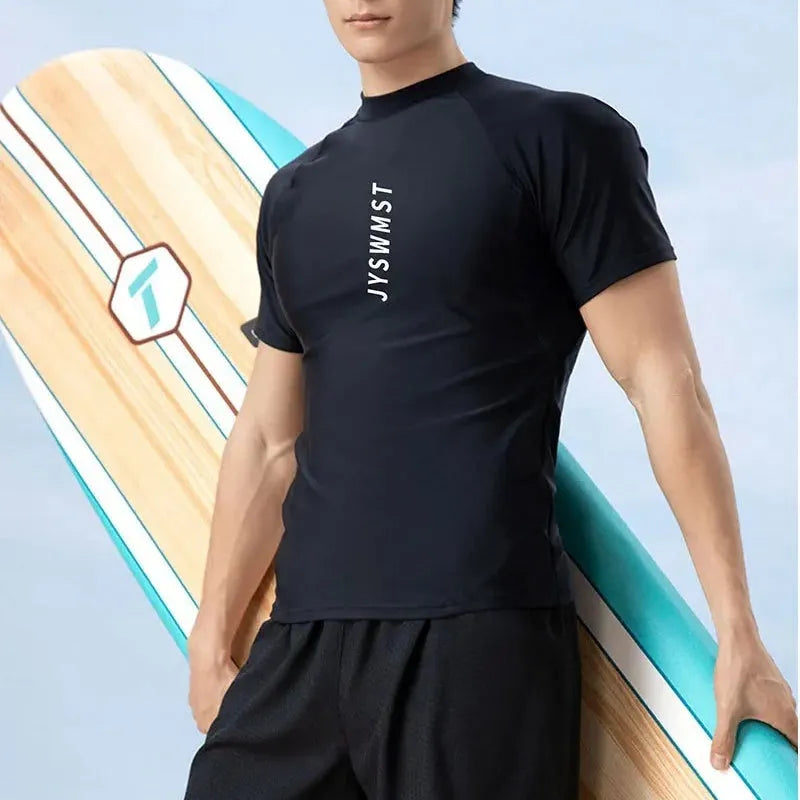 Men's plus size polyester swimming trunks and top set in multiple colour options.