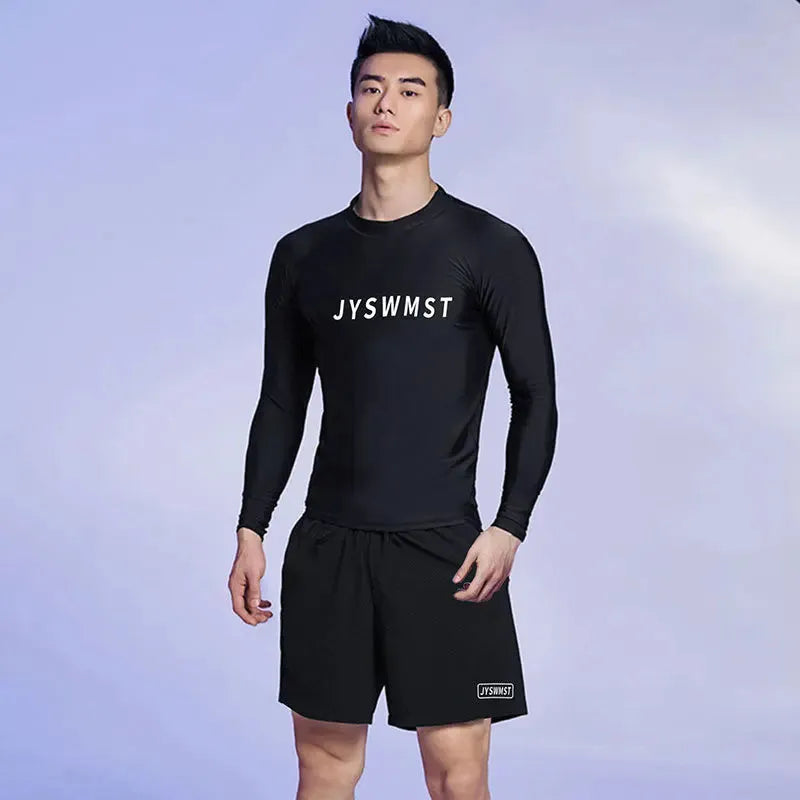 Men's plus size polyester swimming trunks and top set in multiple colour options.
