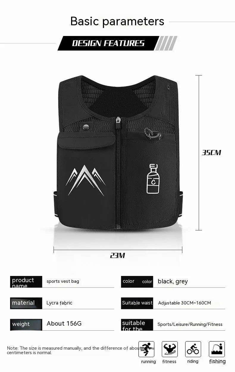 Breathable mesh sports running vest showing phone compartment and optional 500ml kettle accessory in classic black colour