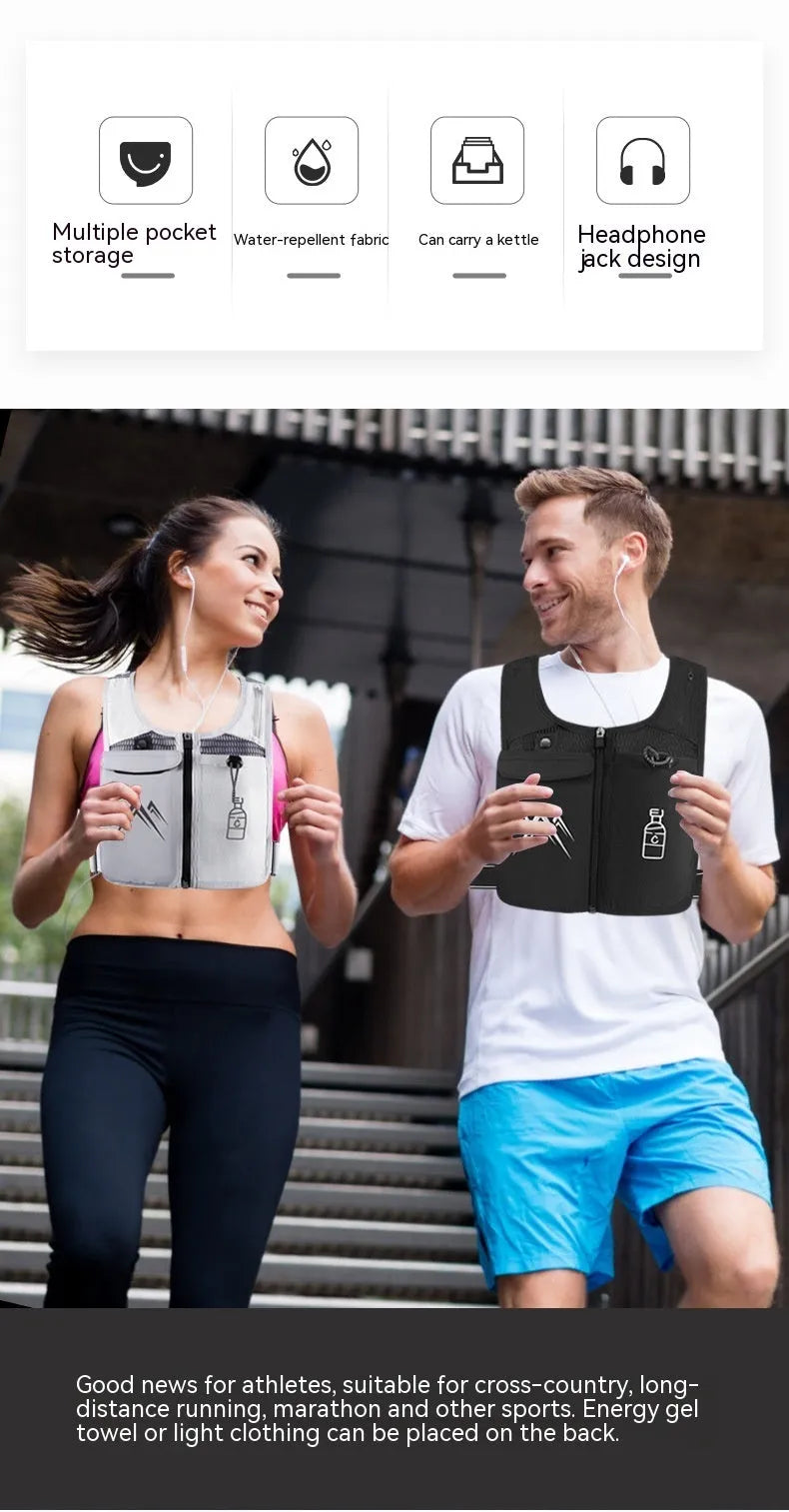 Breathable mesh sports running vest showing phone compartment and optional 500ml kettle accessory in classic black colour