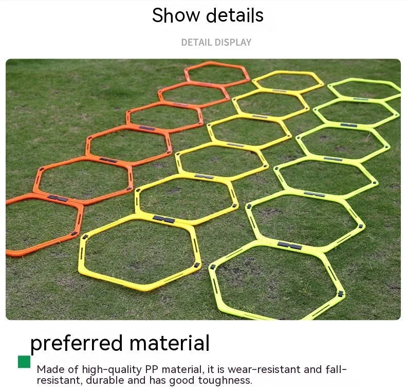 Set of six foldable hexagon football agility training rings in yellow, green and orange colours