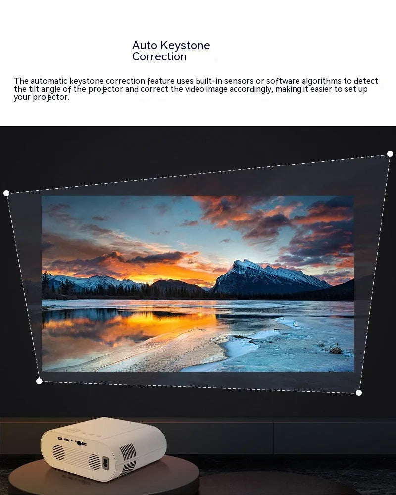 White Full HD smart projector with remote control showing 1080p resolution and 320 ANSI lumen brightness