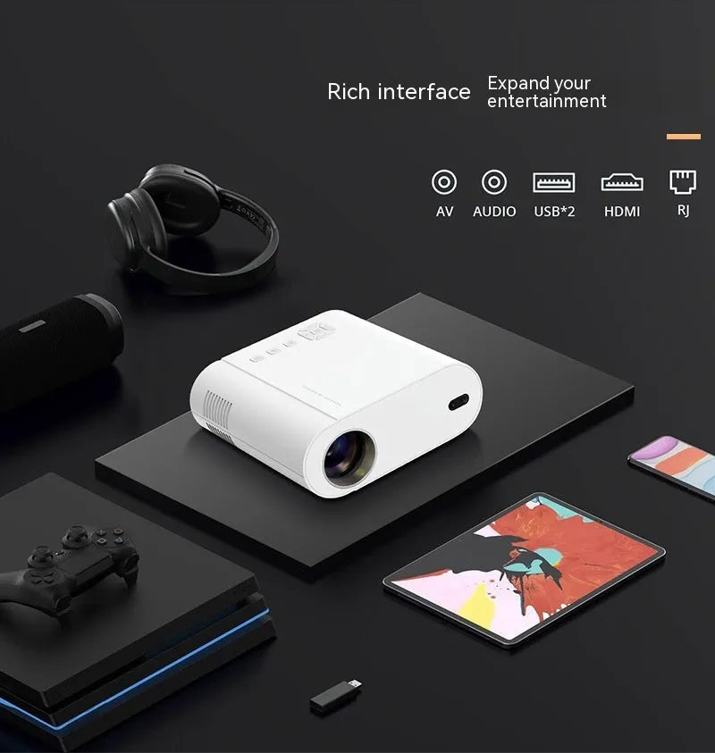 White Full HD smart projector with remote control showing 1080p resolution and 320 ANSI lumen brightness