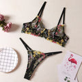 Women's floral pattern bikini underwear set in various colours on a size chart background.