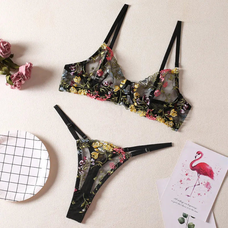 Women's floral pattern bikini underwear set in various colours on a size chart background.
