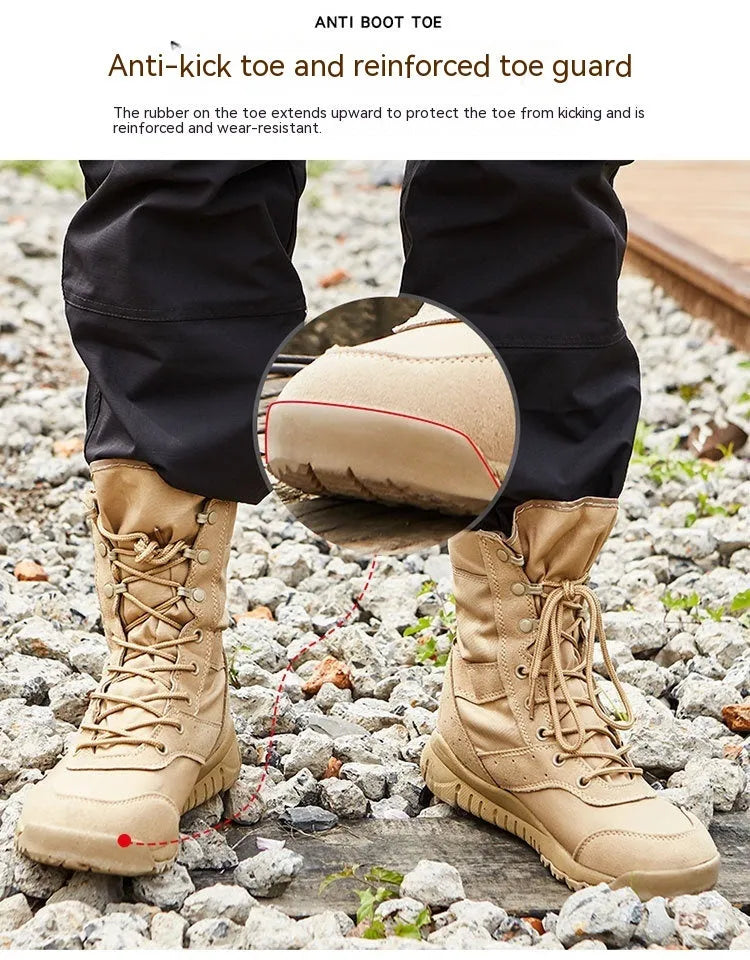 Yulong unisex tactical desert combat boots in black and sand colours for outdoor climbing and hiking.
