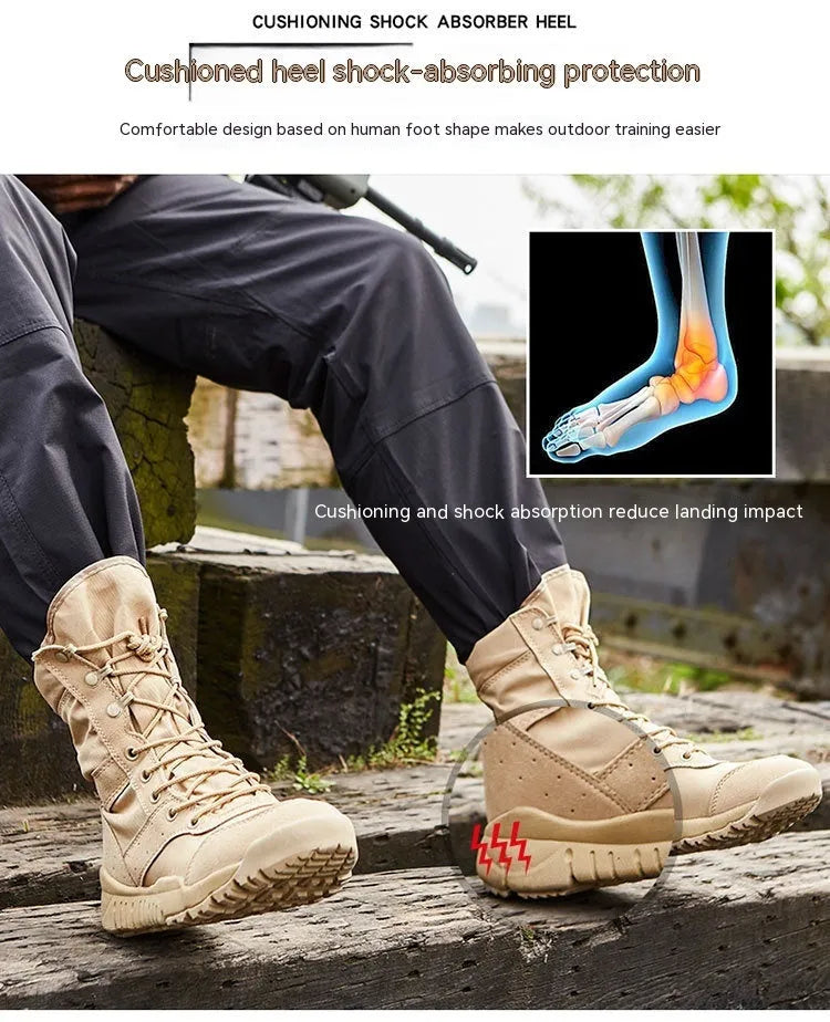 Yulong unisex tactical desert combat boots in black and sand colours for outdoor climbing and hiking.