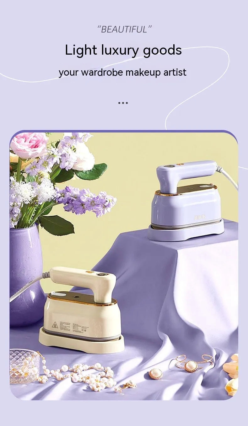 Light purple foldable portable travel iron with a ceramic soleplate on a white background.