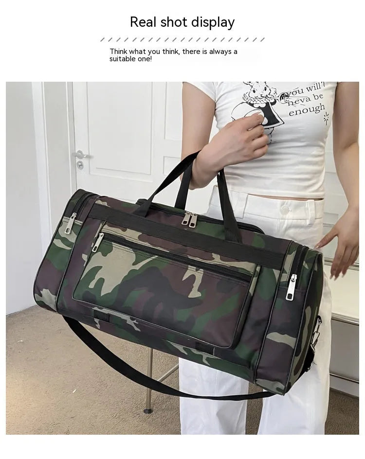 Green camouflage waterproof fabric luggage bag with striped interior lining.