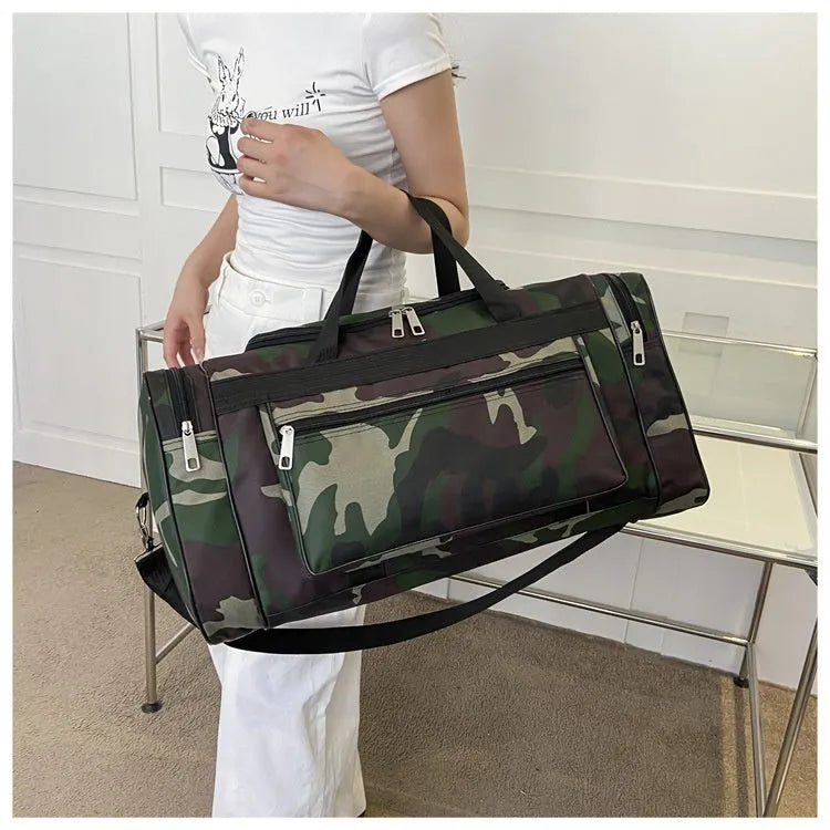 Green camouflage waterproof fabric luggage bag with striped interior lining.