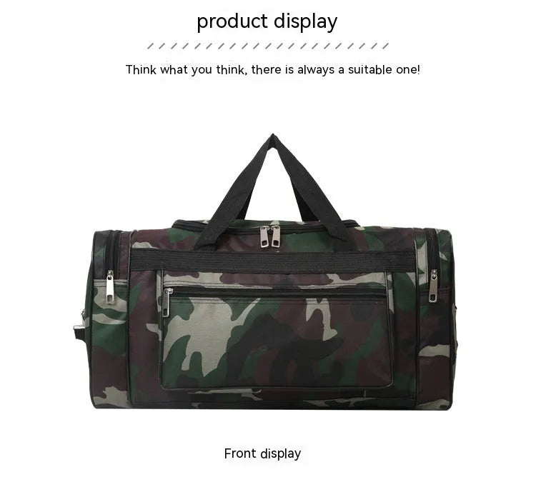 Green camouflage waterproof fabric luggage bag with striped interior lining.