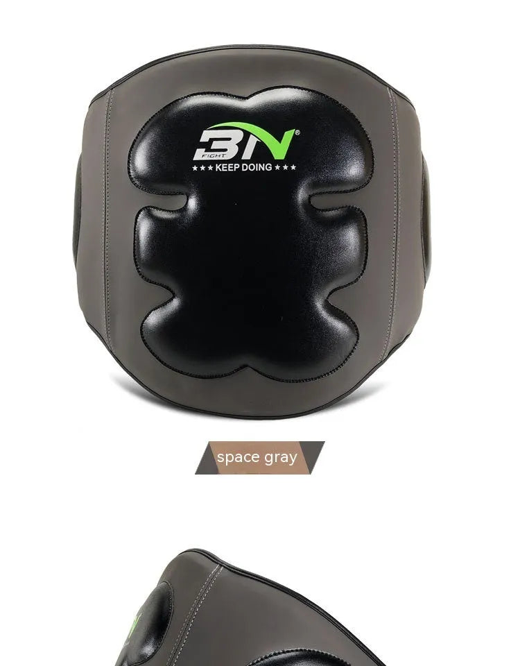 Dark gray Sanda boxing breast protection target with integrated waist guard for martial arts training.