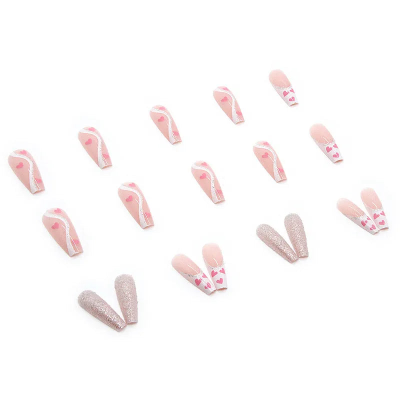 Wearable finished fake nails long ballet type with love pattern in W097 shiny love and glue